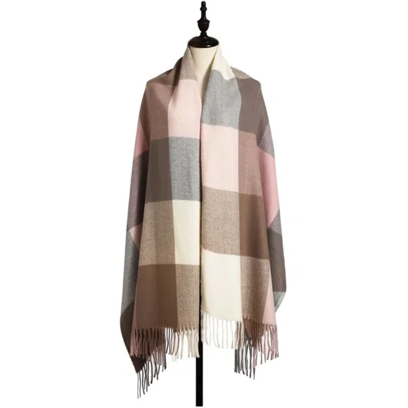 Colorblock Plaid Pastel Colors Wide Scarf Shawl Pink Beige Tan Cream Fringe - Picture 5 of 6
